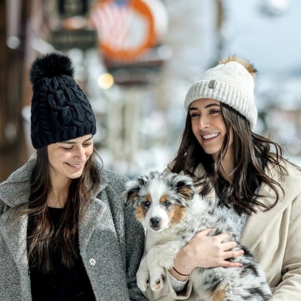 Bula Black Knit Faux Fur Pom Lined Beanie, Wool Blend Hat